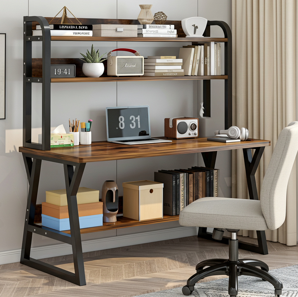 Aspire Large Industrial Office Computer Desk Workstation with Bookshelf (Rustic Wood)
