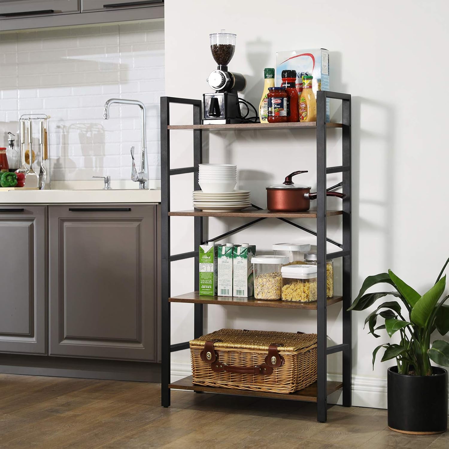Multifunction Bookcase 4 Tier Rustic Wood & Steel Storage Shelf Organizer