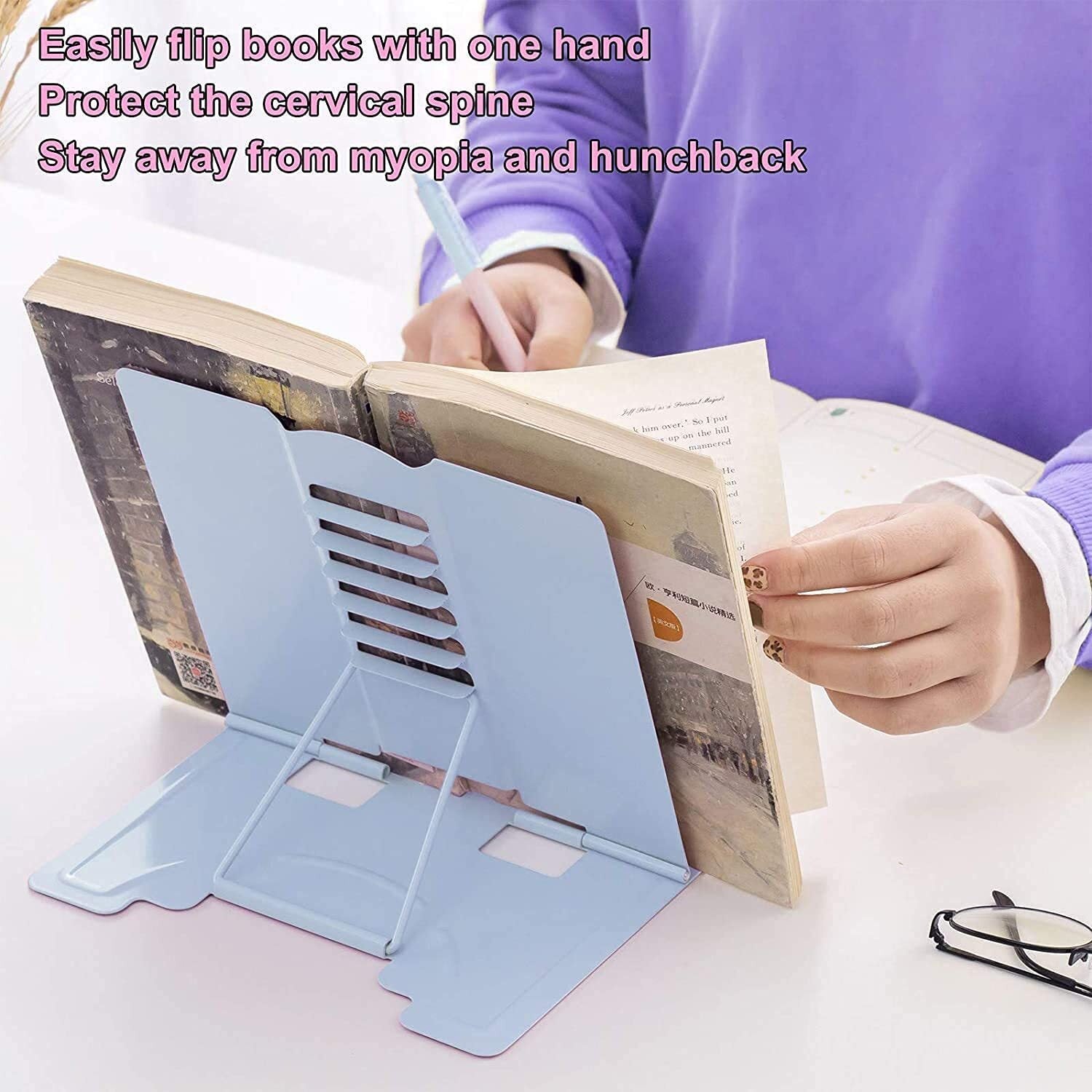 Adjustable Book Stand Portable Reading Rest Metal Holder (Blue)