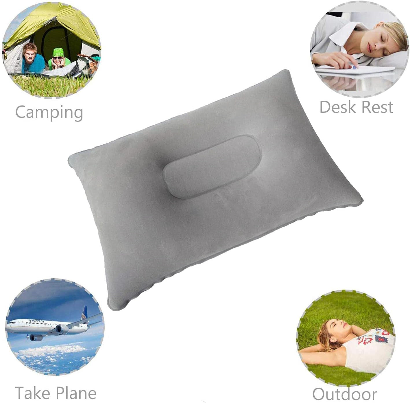 Inflatable Travel Pillow Head Rest Air Support Blow up Cushion (Grey)
