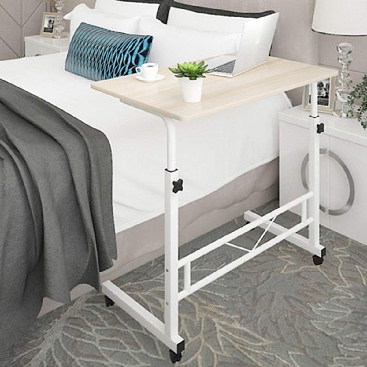 Adjustable Portable Sofa Bed Side Table Laptop Desk with Wheels (White Frame)