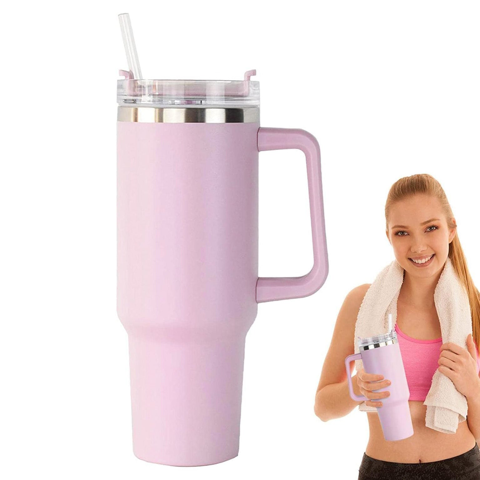 40oz Stainless Steel Insulated Tumbler with Handle Straw Travel Mug (Pink)