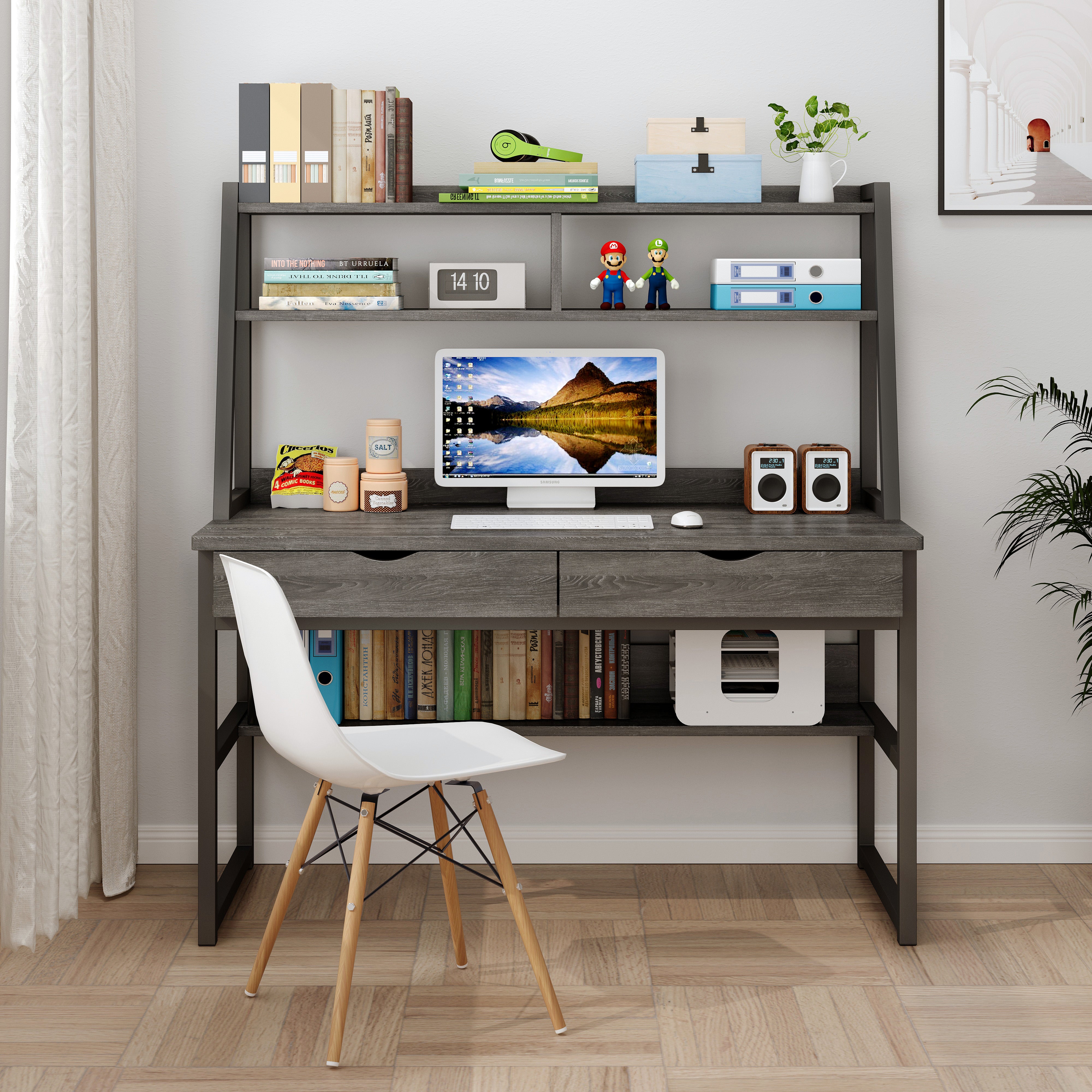 Enterprise Large Computer Desk Workstation with Shelves & Drawers (Driftwood Grey)