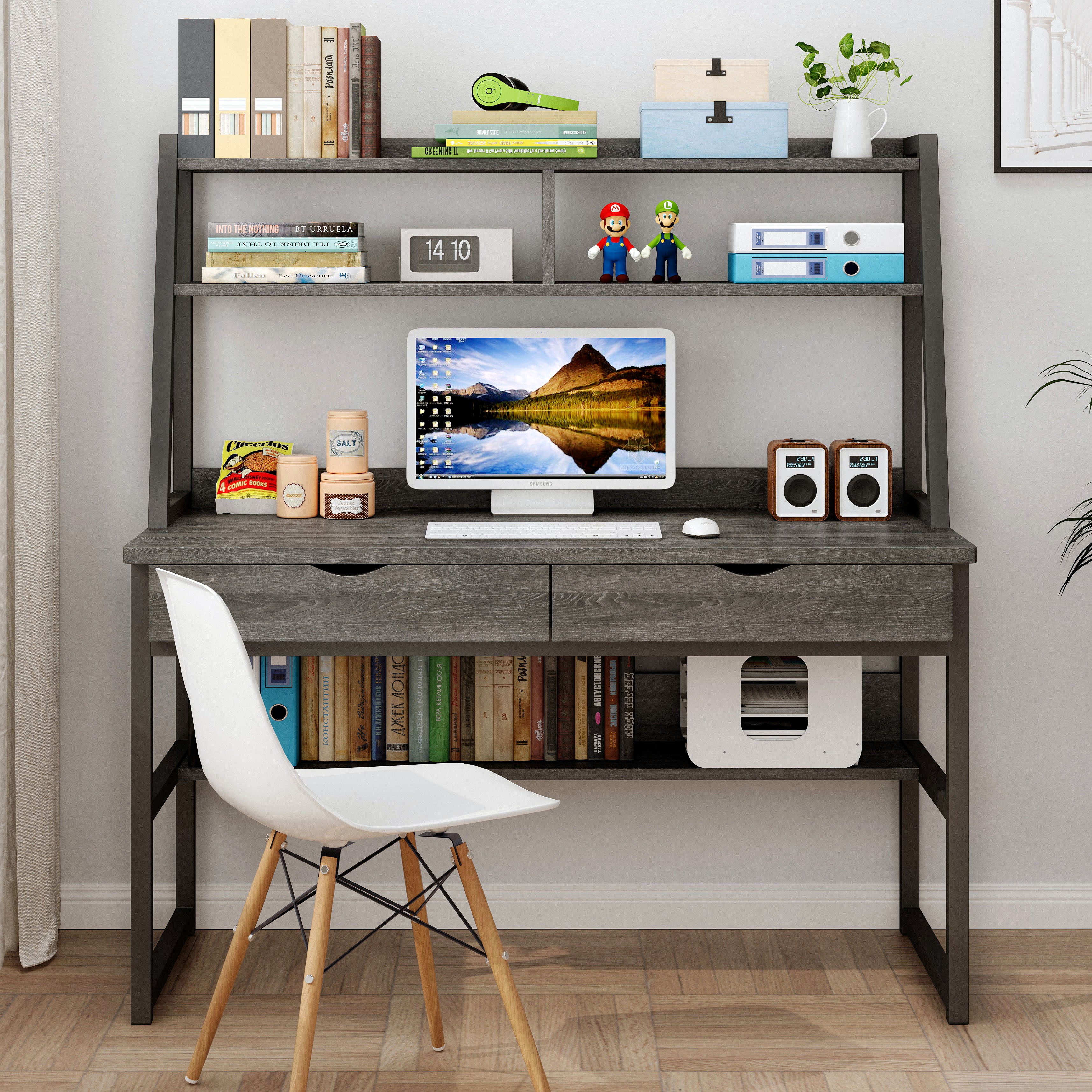 Enterprise Large Computer Desk Workstation with Shelves & Drawers (Driftwood Grey)