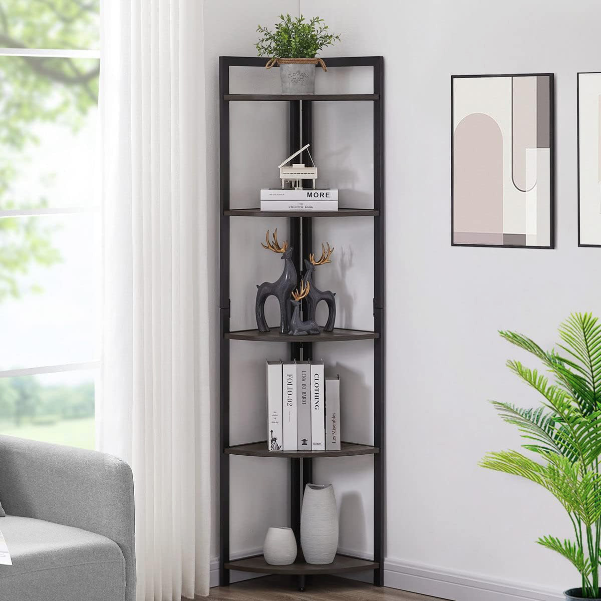 Optima 5 Tier Wood & Steel Corner Shelf Organizer Unit (Driftwood Grey)