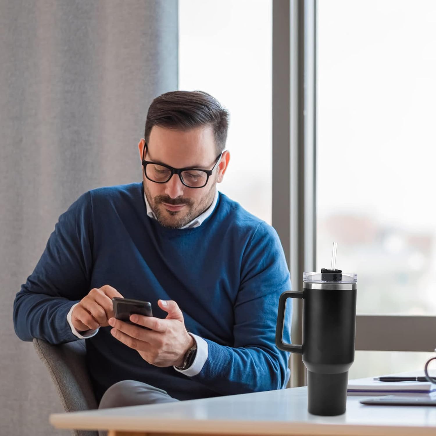 40oz Stainless Steel Insulated Tumbler with Handle Straw Travel Mug (Black)