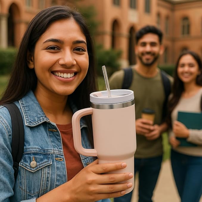 Stainless Steel Insulated Tumbler with Handle Straw Travel Mug (30oz, Rose Quartz)