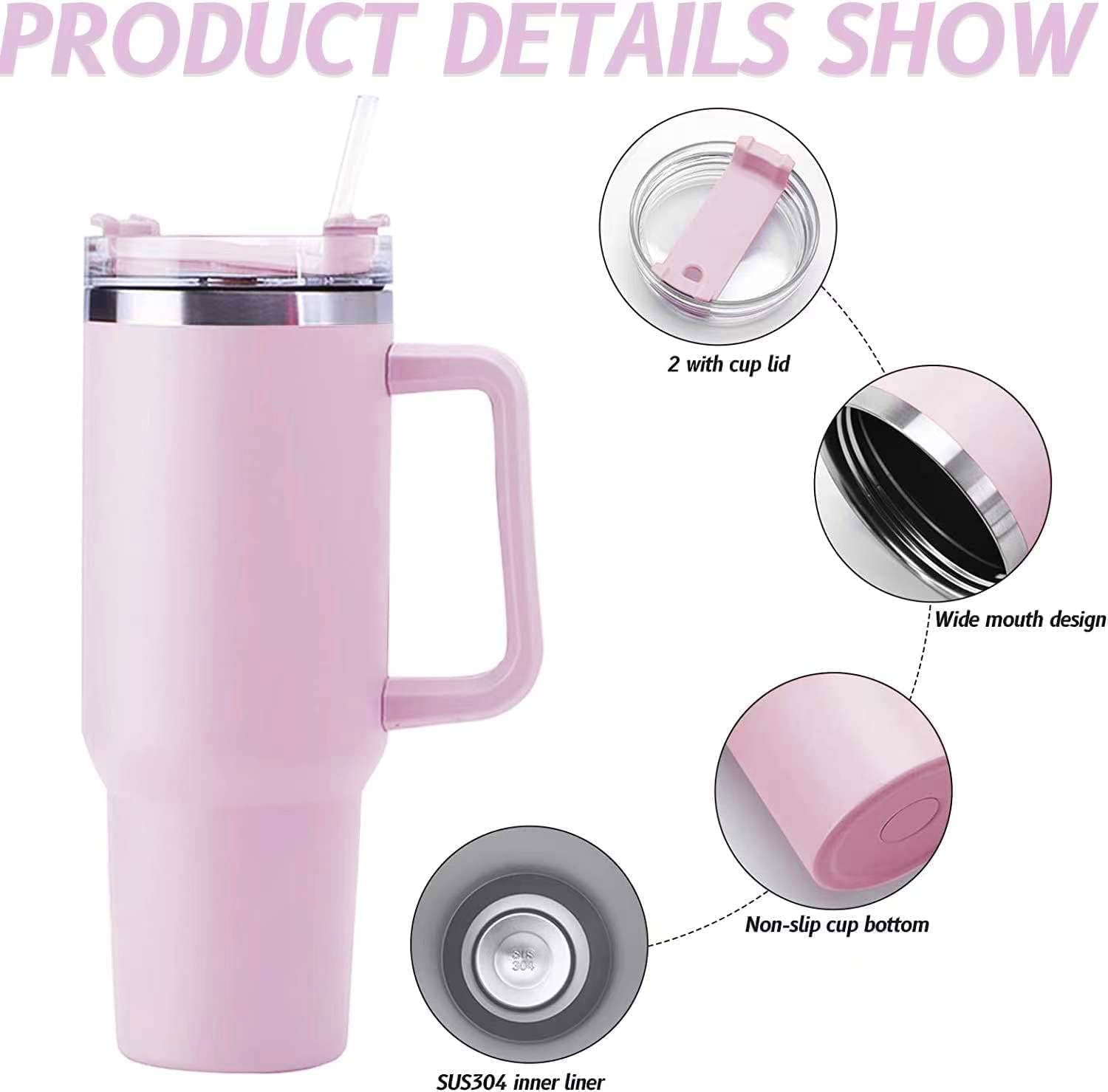 40oz Stainless Steel Insulated Tumbler with Handle Straw Travel Mug (Pink)