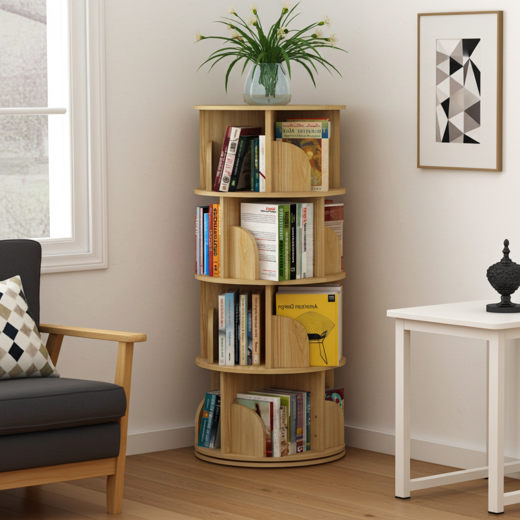 Sanctuary 360-degree Rotating 4 Tier Display Shelf Bookcase Organiser (Oak)