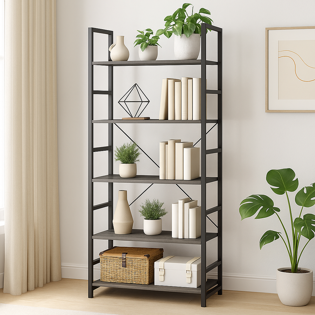5 Tier Multifunction Heavy Duty Bookcase Wood & Steel Storage Shelf Organizer (Driftwood Grey)