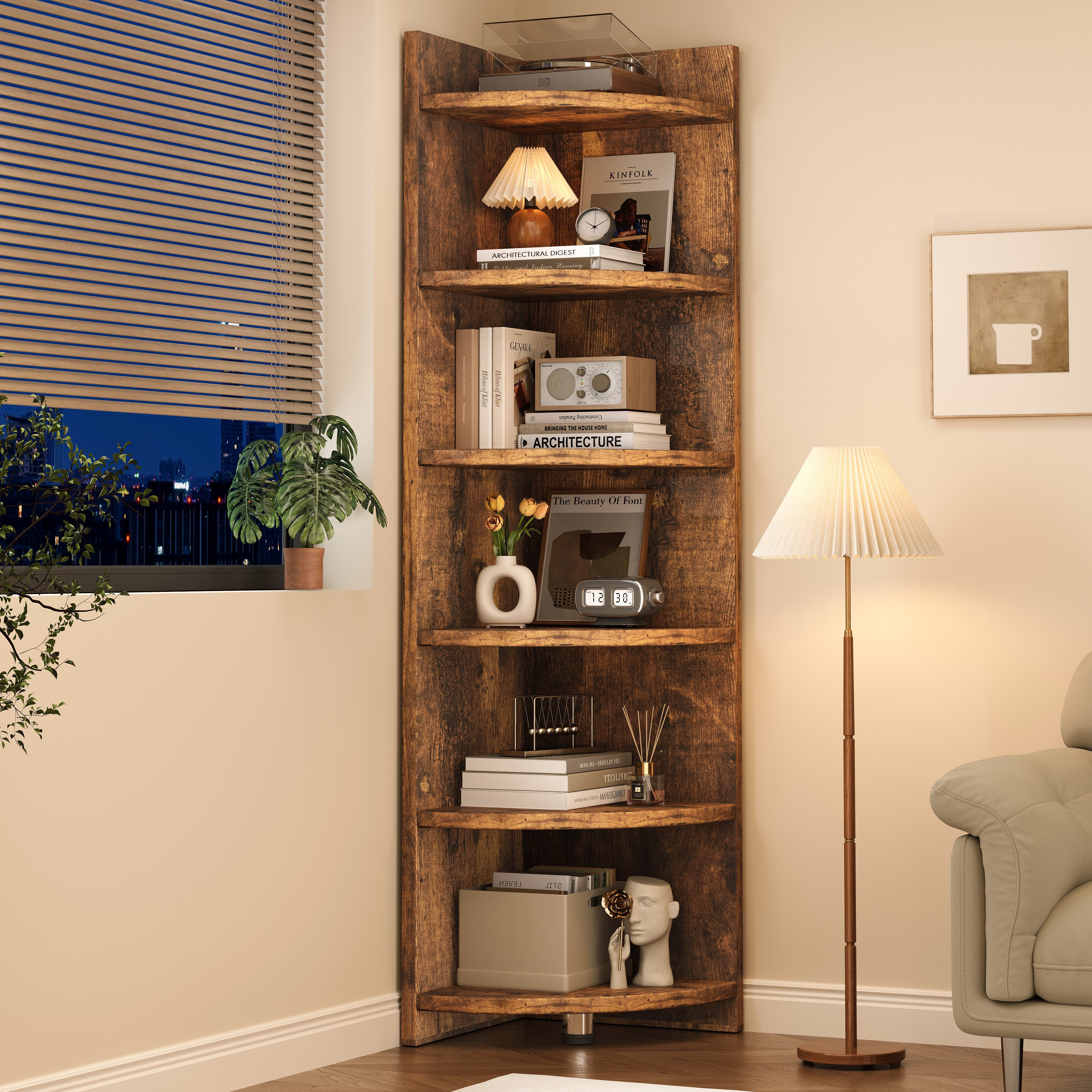 Inspire 6 Tier Large Stylish Rustic Wooden Corner Shelf Unit