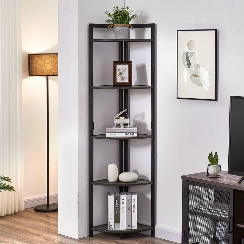 Optima 5 Tier Wood & Steel Corner Shelf Organizer Unit (Driftwood Grey)