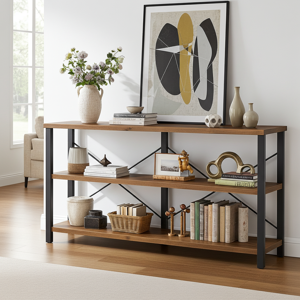 Serenity Rustic Industrial Console Table Bookcase TV Stand Storage Shelf Unit