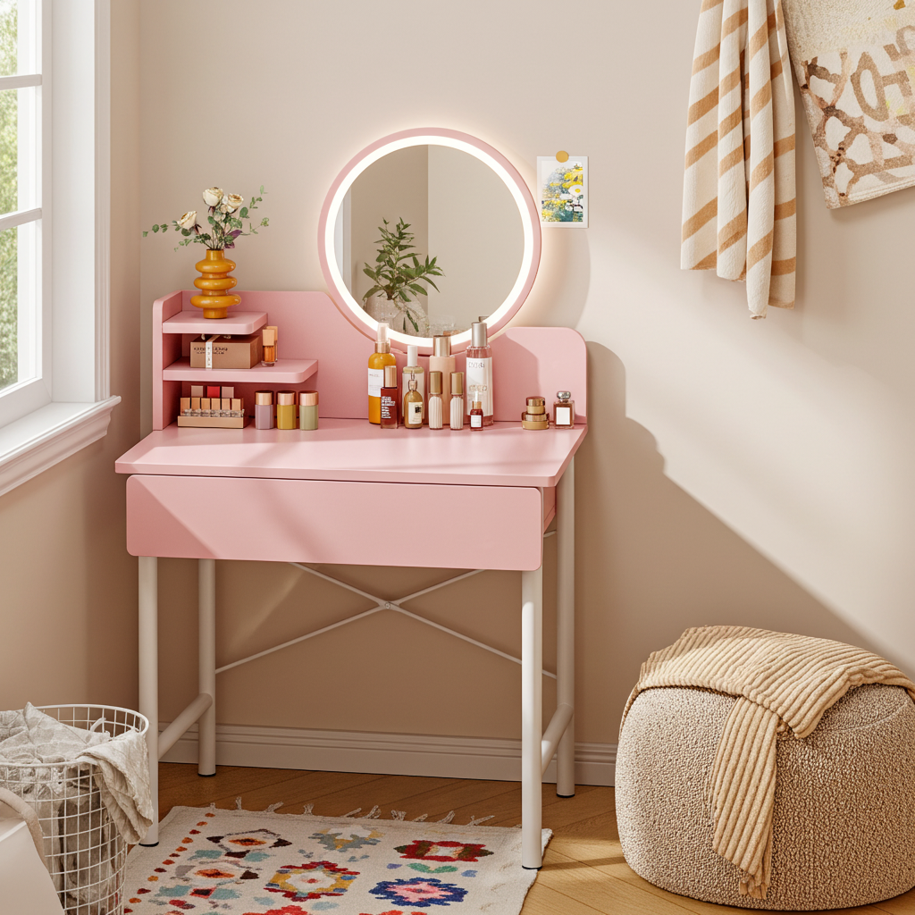 LED Luminous Mirror Makeup Vanity Dressing Table Pink Dresser with Drawer Storage