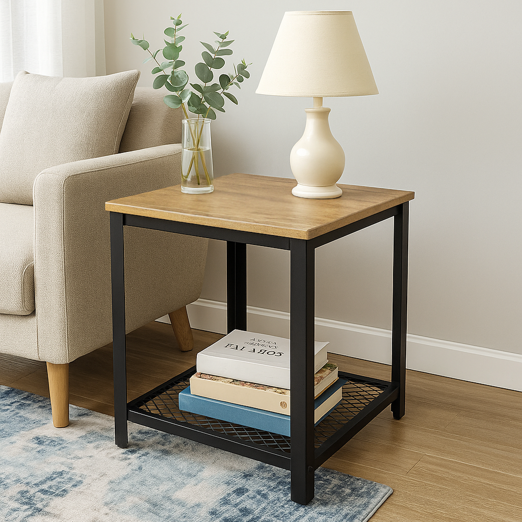 Loft Rustic Oak Industrial Wood & Steel Side Table with Storage Shelf
