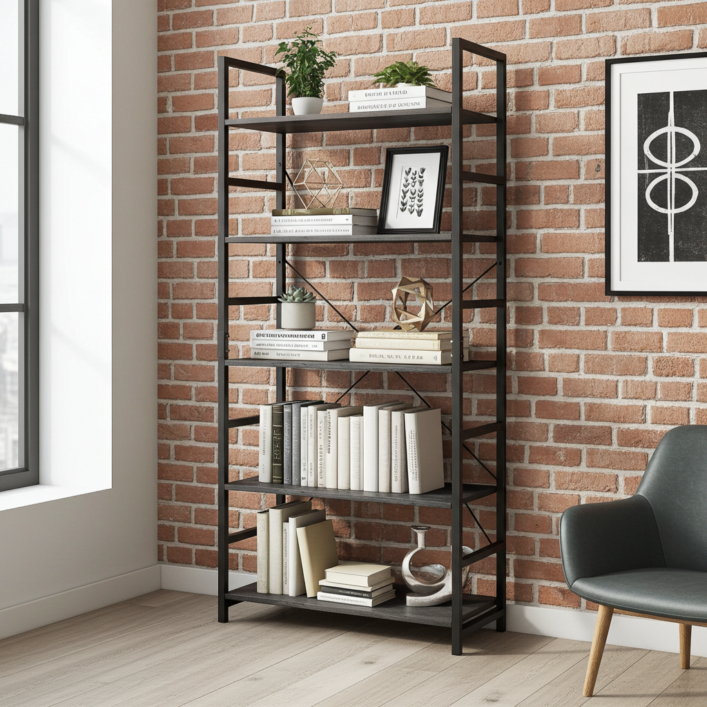 5 Tier Multifunction Heavy Duty Bookcase Wood & Steel Storage Shelf Organizer (Driftwood Grey)