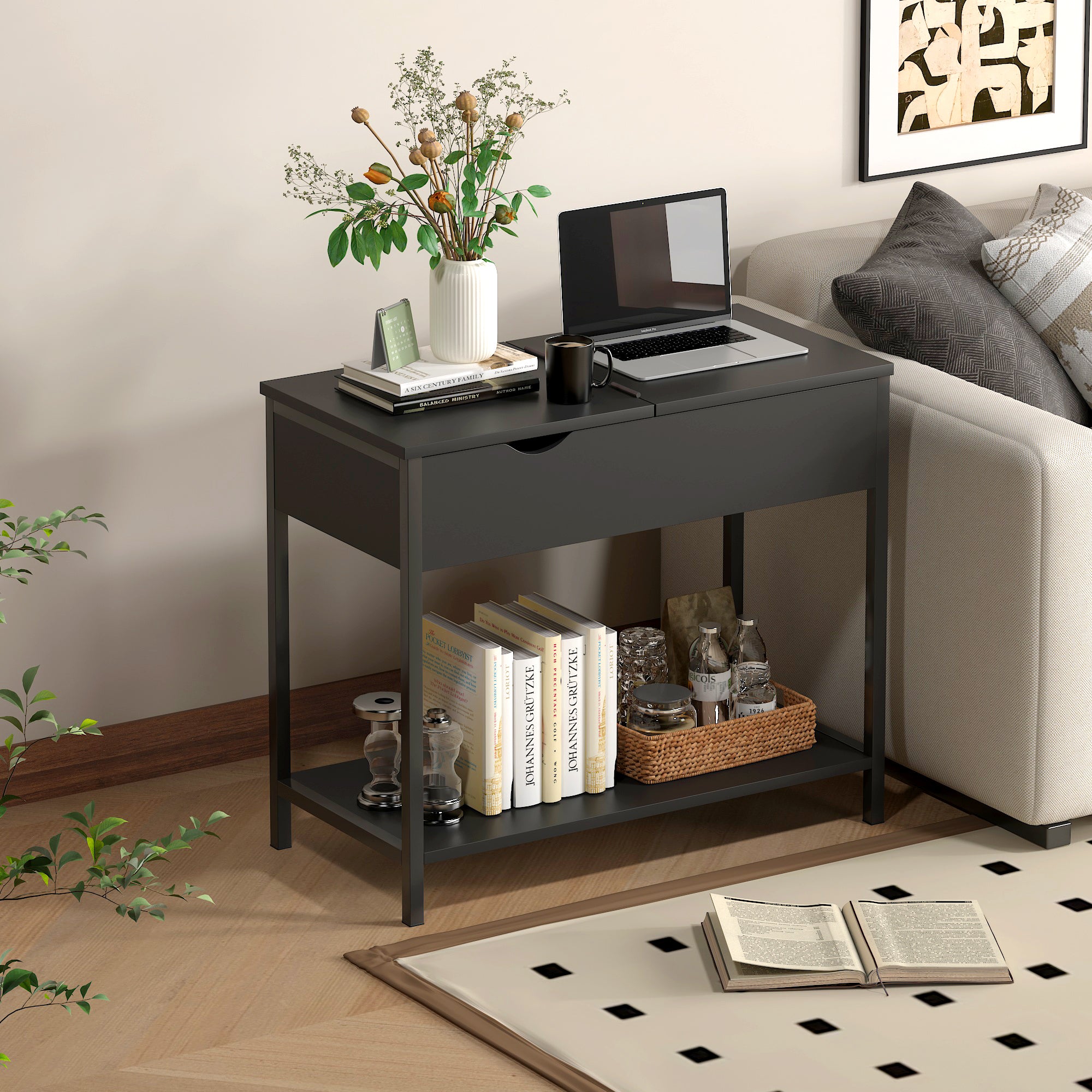 Solara Versatile Side Console Table Desk with Drawer & Shelf (Black)