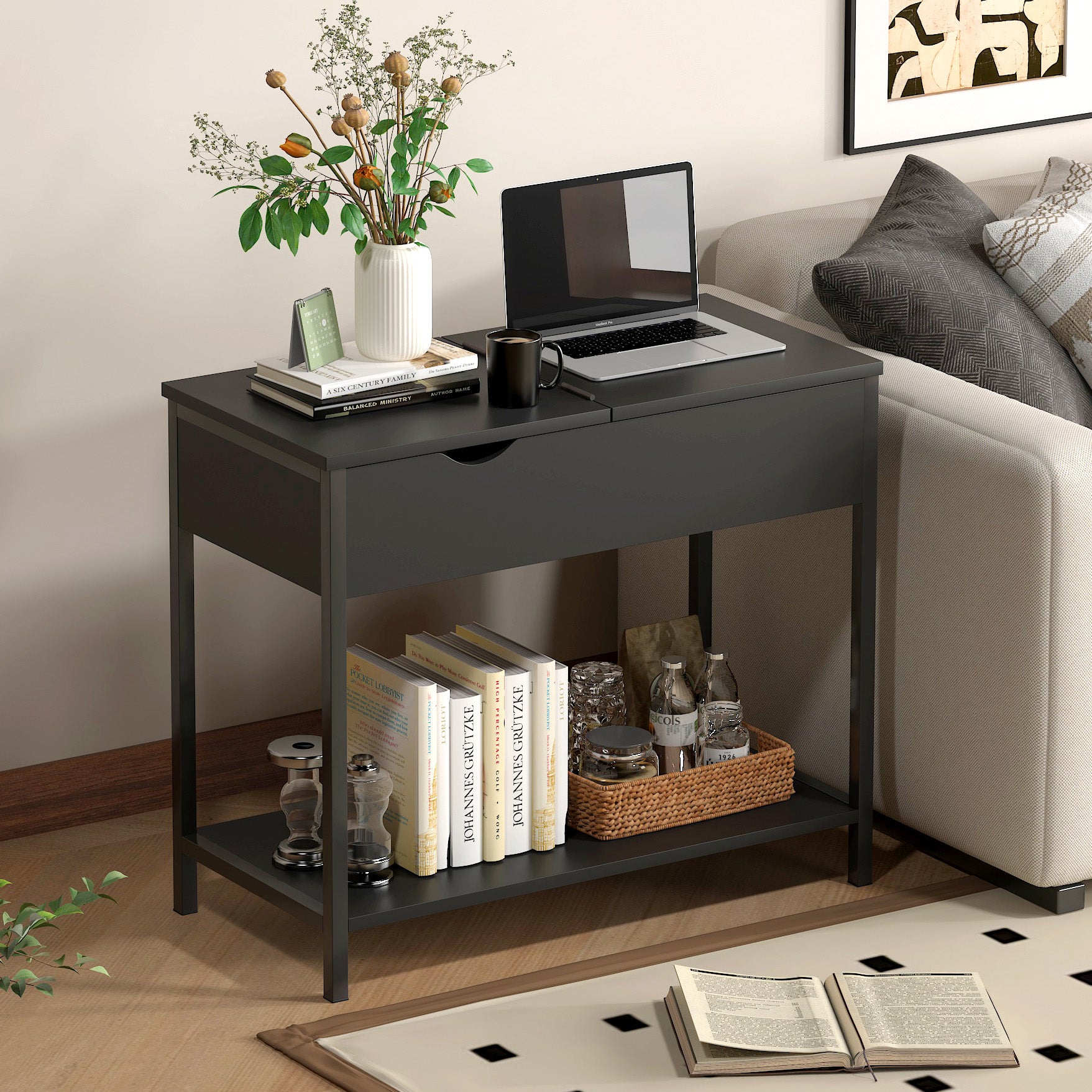Solara Versatile Side Console Table Desk with Drawer & Shelf (Black)