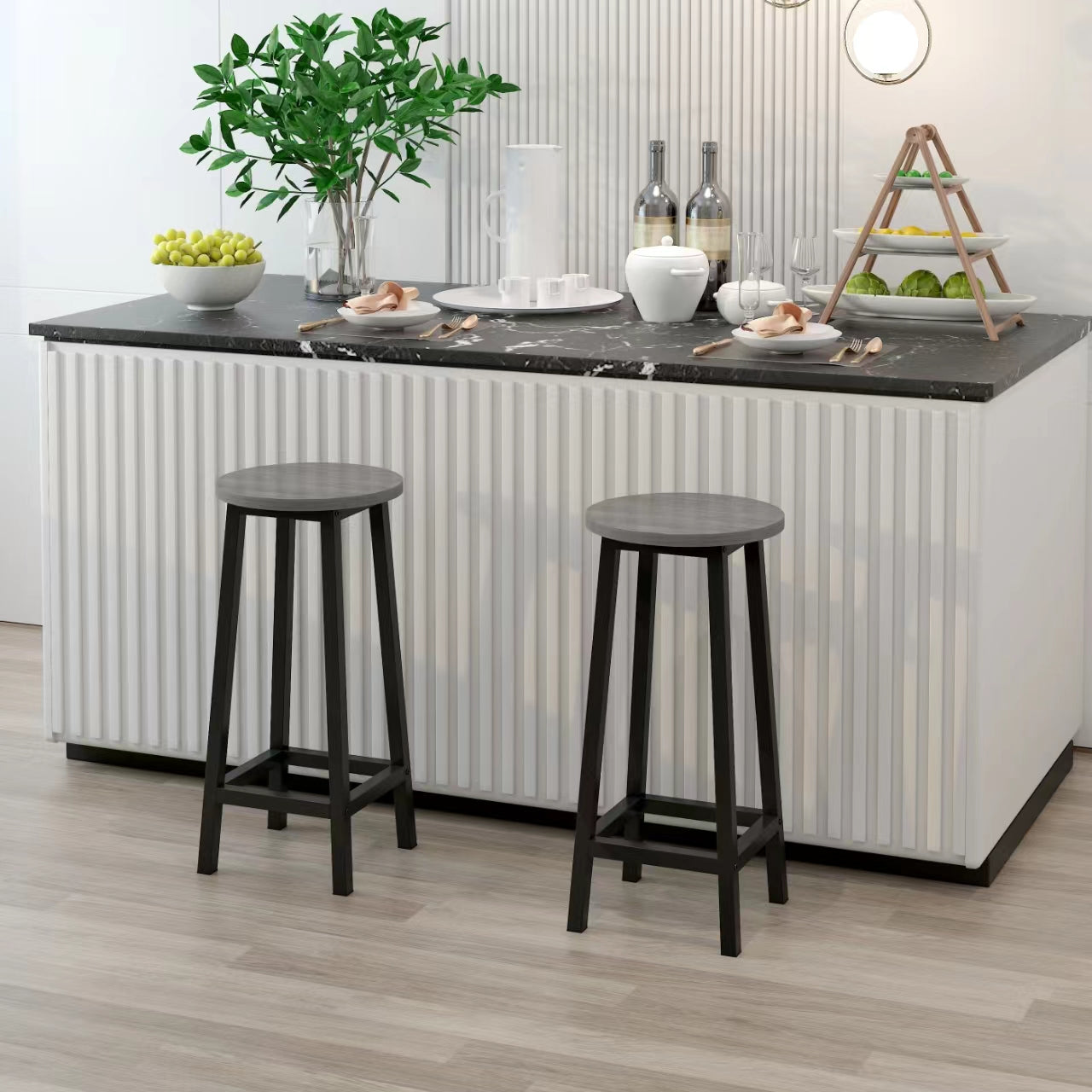 2 x Modern Industrial Bar Stool Wood & Metal Kitchen Counter Seating (Driftwood Grey)