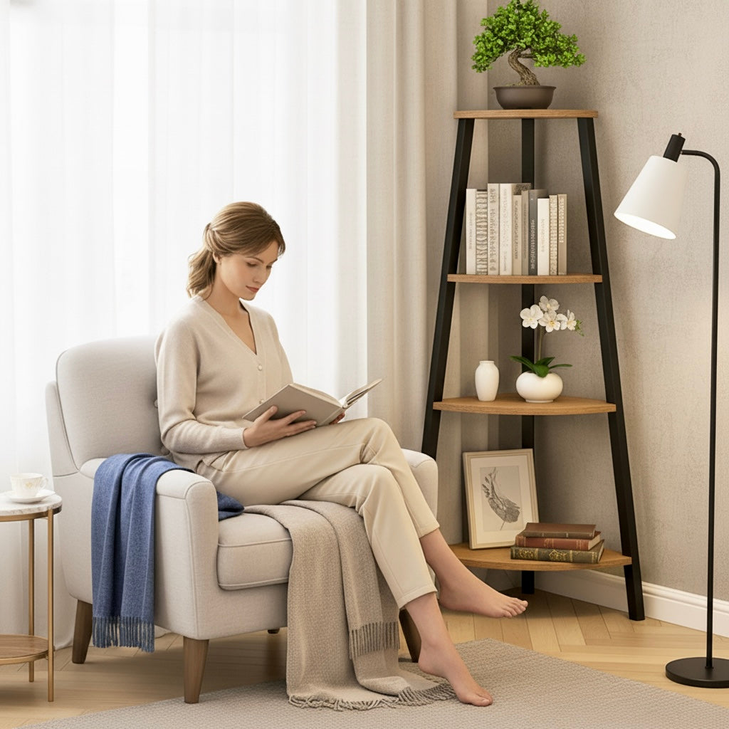 4-Tier Corner Ladder Shelf Unit Rustic Oak Wood & Steel Display Stand Storage Rack