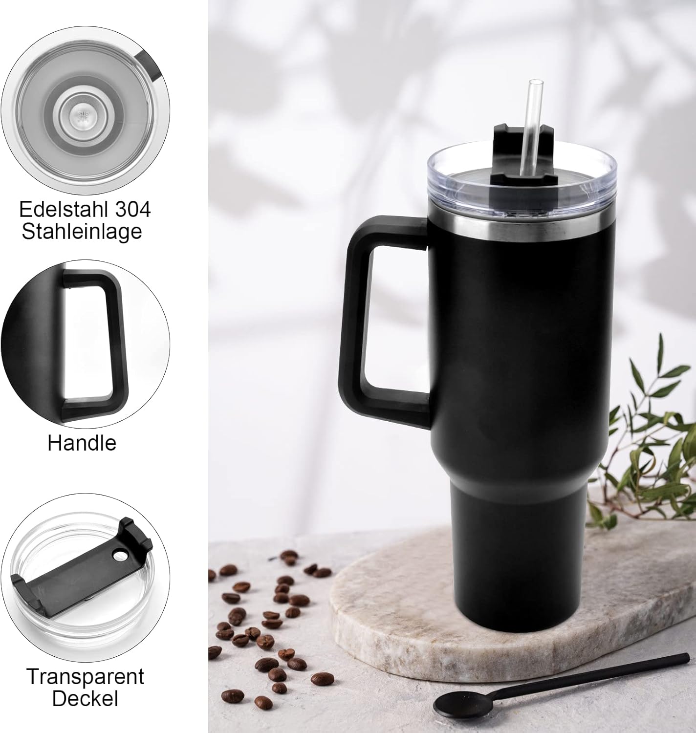 40oz Stainless Steel Insulated Tumbler with Handle Straw Travel Mug (Black)