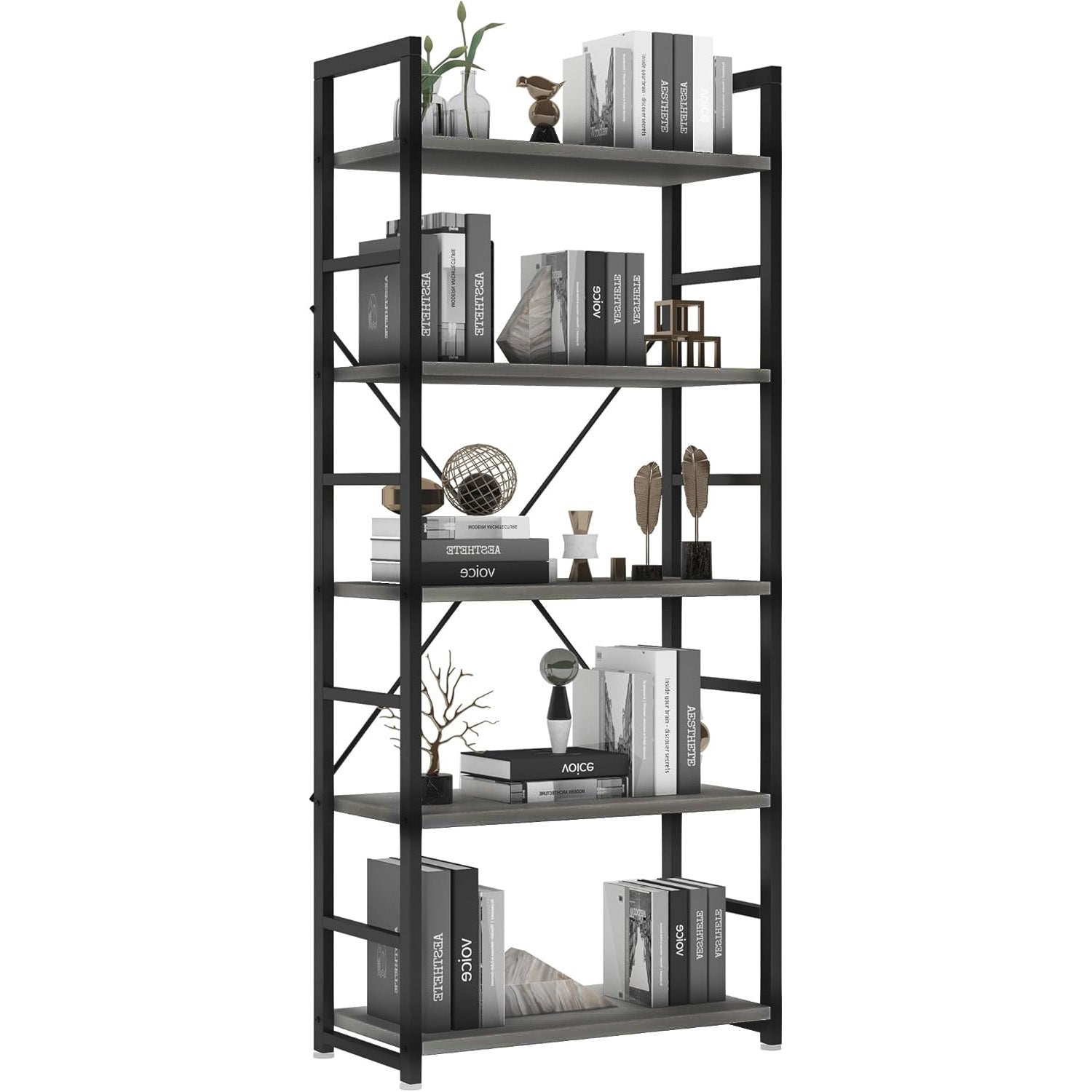 5 Tier Multifunction Heavy Duty Bookcase Wood & Steel Storage Shelf Organizer (Driftwood Grey)