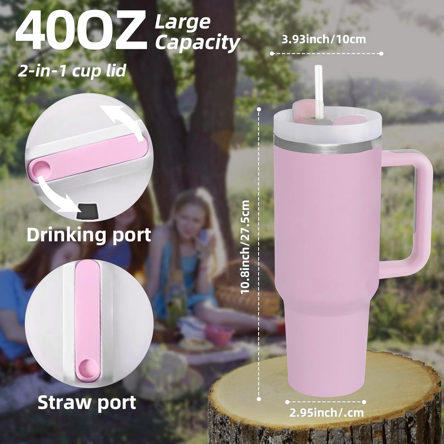 40oz Stainless Steel Insulated Tumbler with Handle Straw Travel Mug (Pink)
