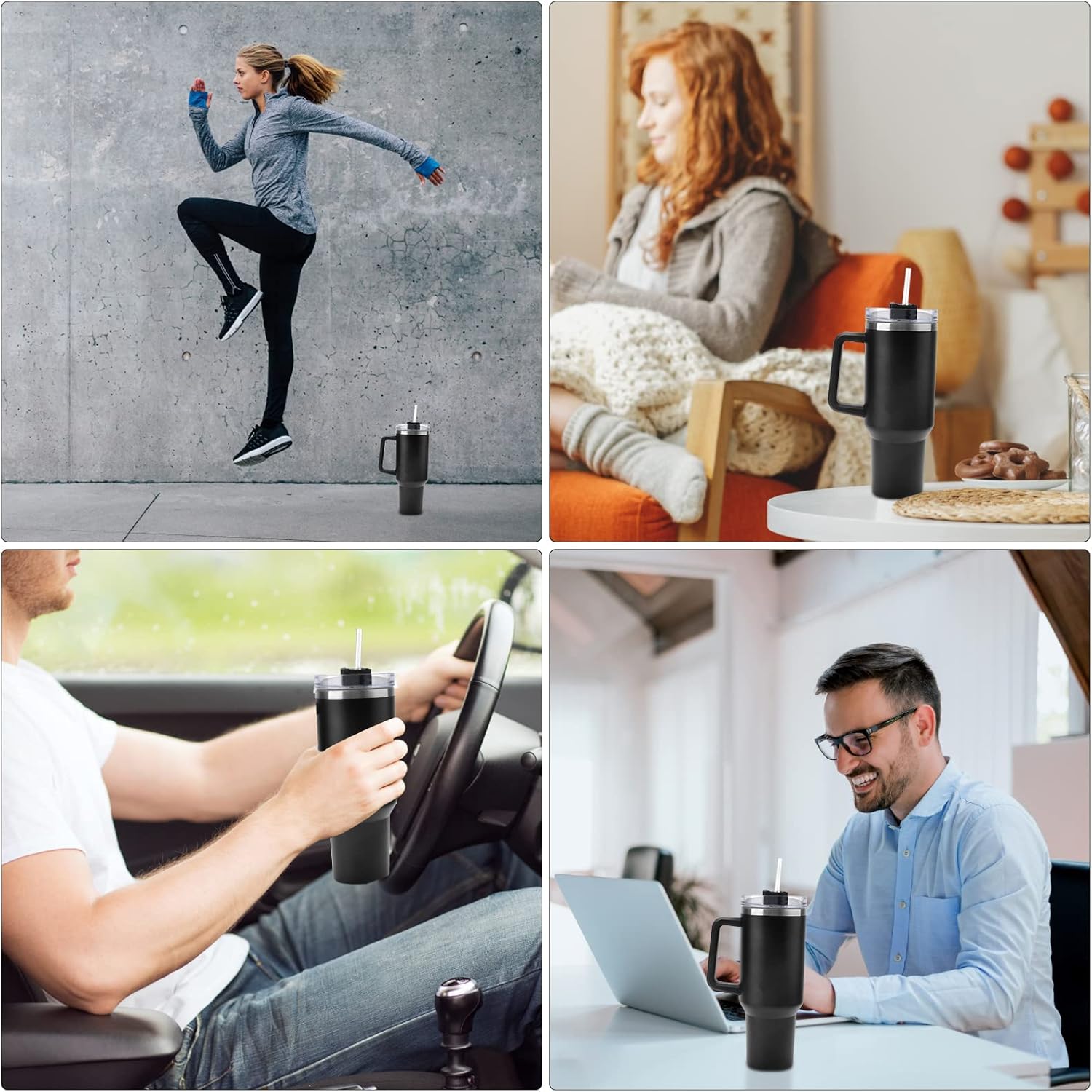 40oz Stainless Steel Insulated Tumbler with Handle Straw Travel Mug (Black)