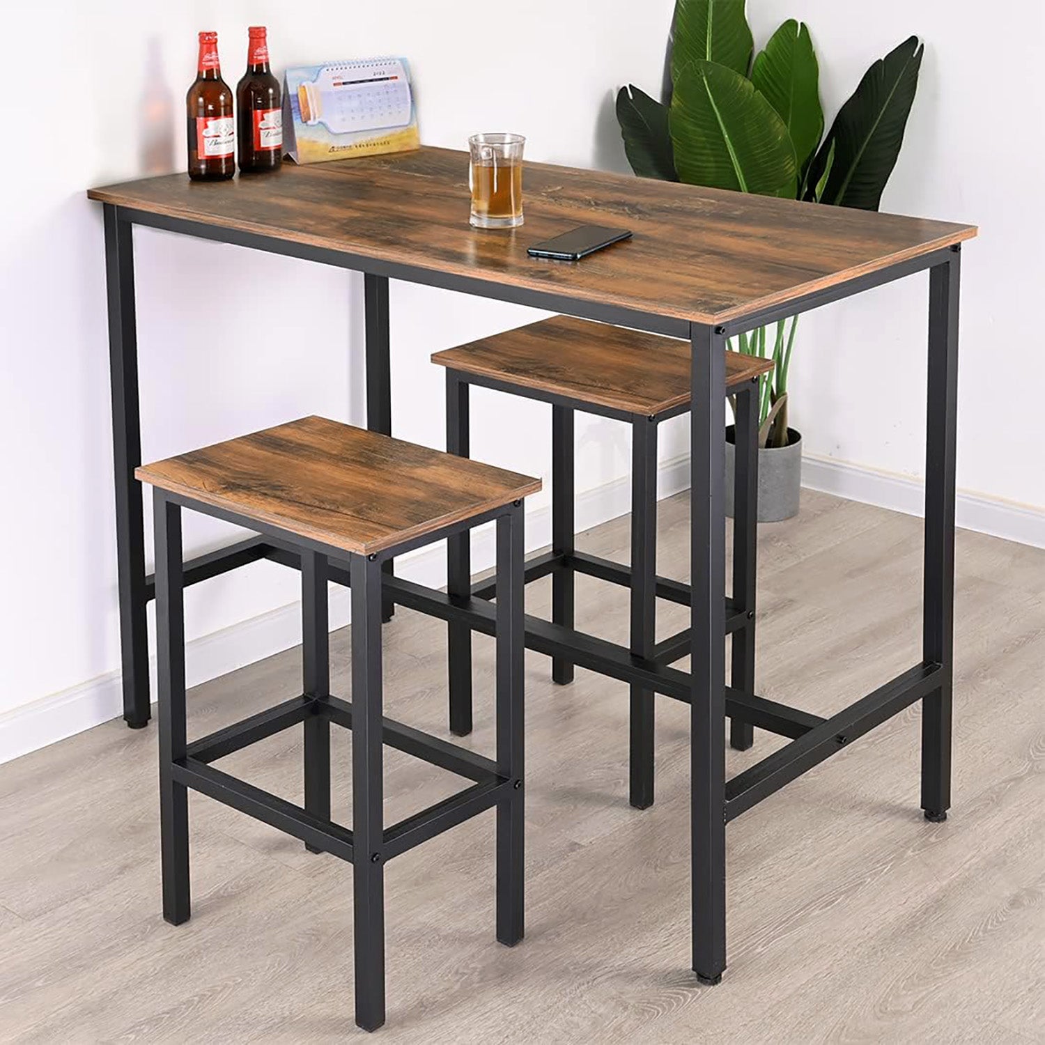 3 Piece Grandeur Premium Rustic Wood & Steel Bar Table and Stools Dinning Set