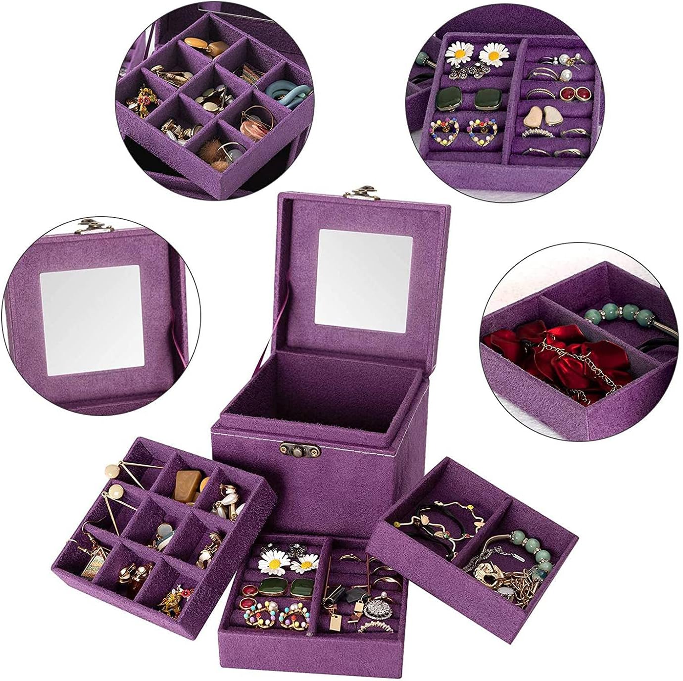Deluxe Velvet Jewelry Box 3 Level Organiser Purple