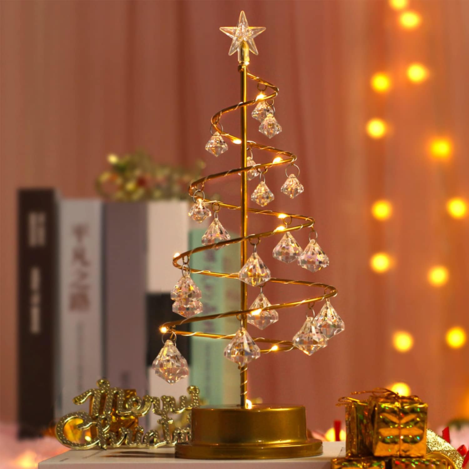 Gold Spiral LED Crystal Christmas Tree Lamp Light