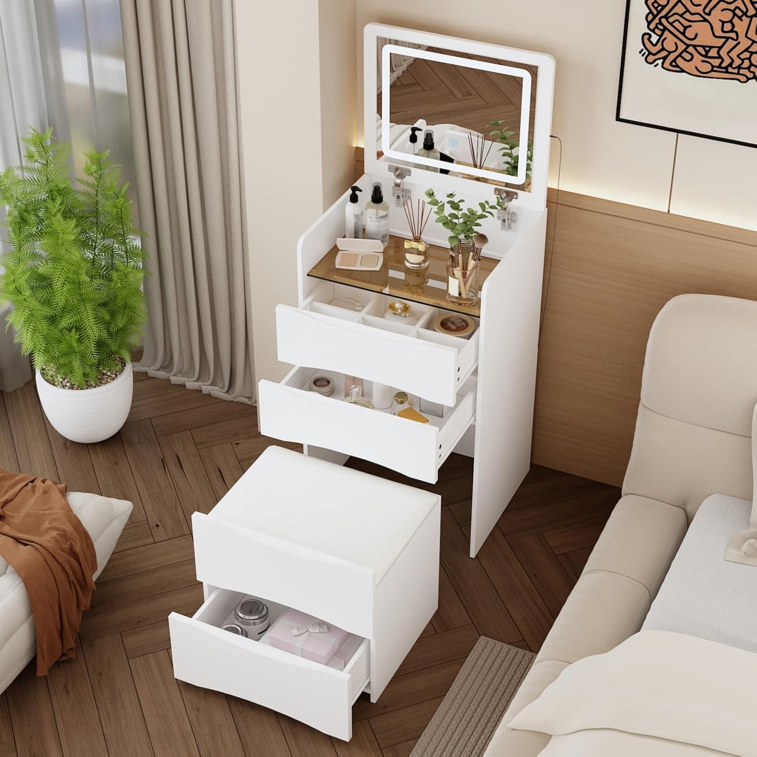 Luxury Multifunction LED Dressing Vanity Table with Mirror Drawers Stool