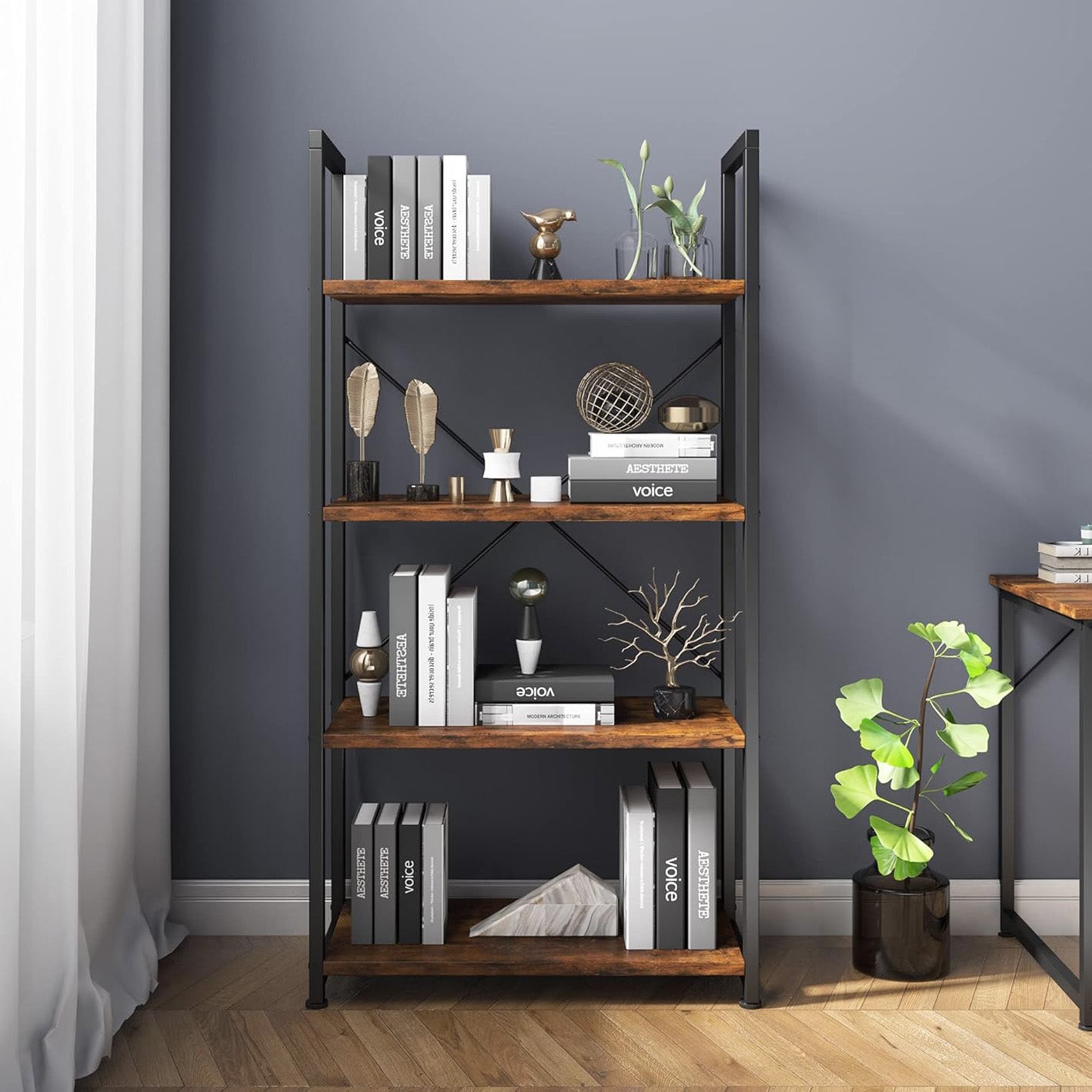 Multifunction Bookcase 4 Tier Rustic Wood & Steel Storage Shelf Organizer