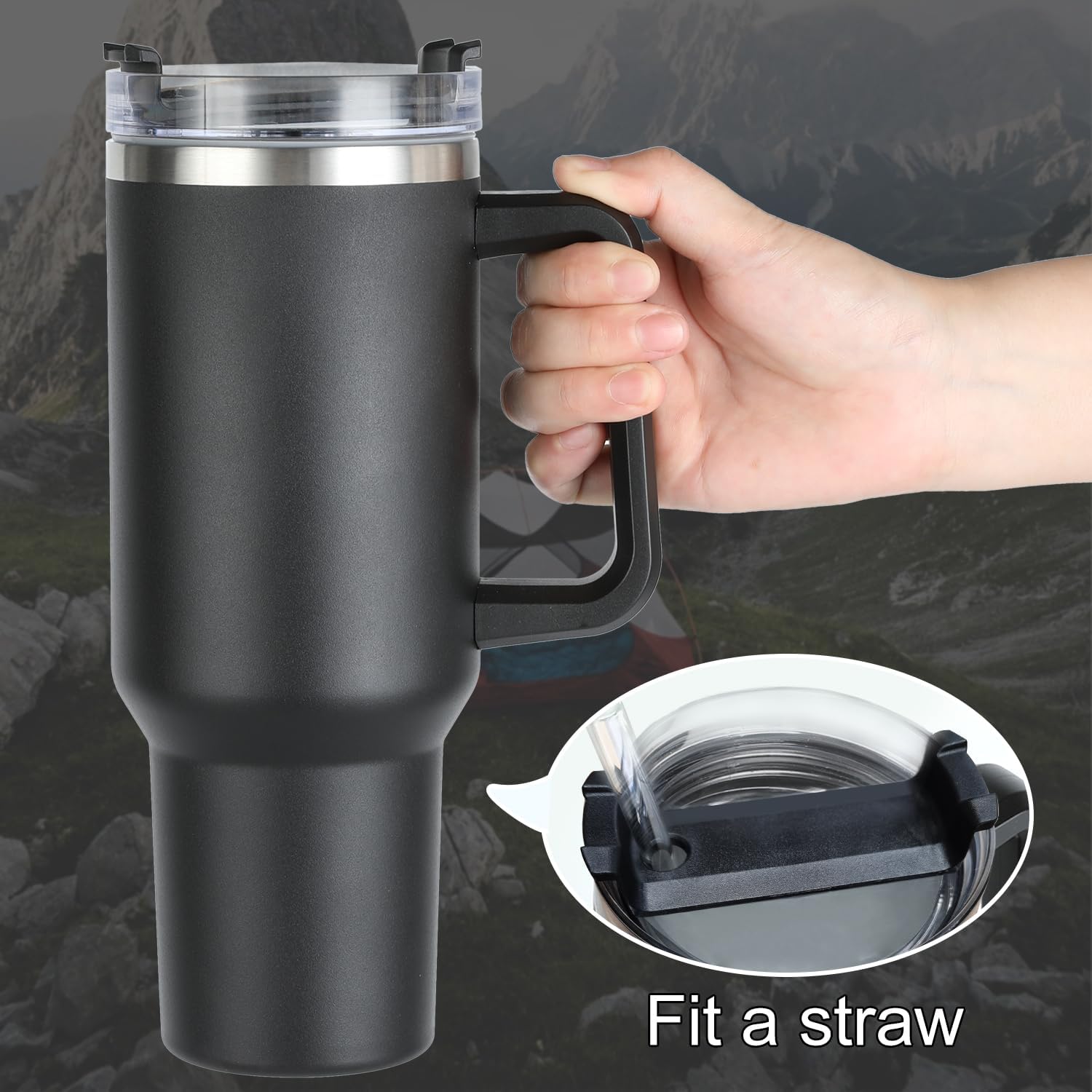 40oz Stainless Steel Insulated Tumbler with Handle Straw Travel Mug (Black)
