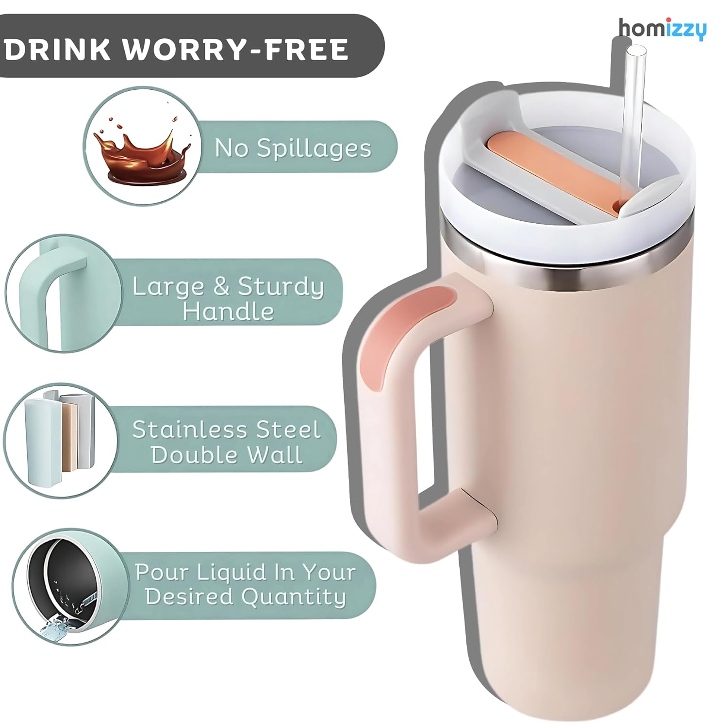 Stainless Steel Insulated Tumbler with Handle Straw Travel Mug (30oz, Rose Quartz)