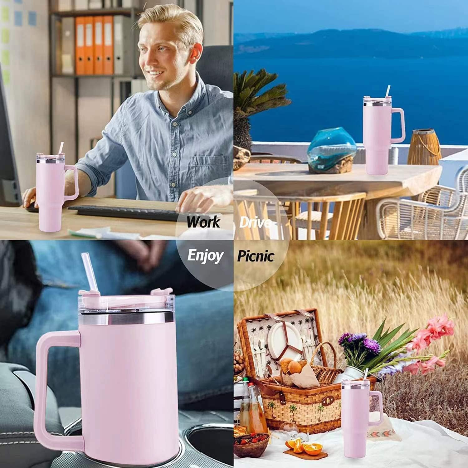 40oz Stainless Steel Insulated Tumbler with Handle Straw Travel Mug (Pink)