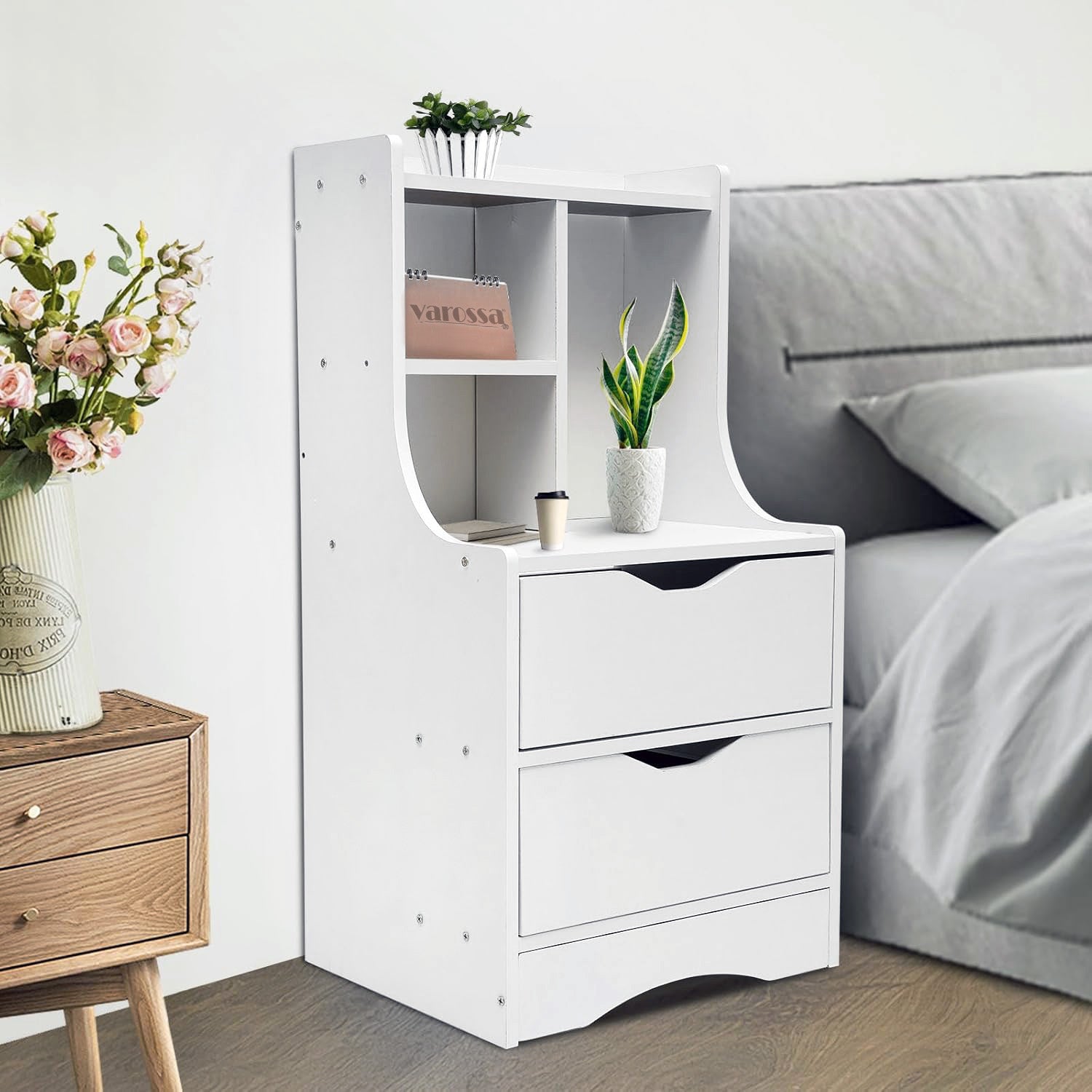 Twilight 2-Drawer Tall Bedside Table with Chest of Drawers and Shelves (White)