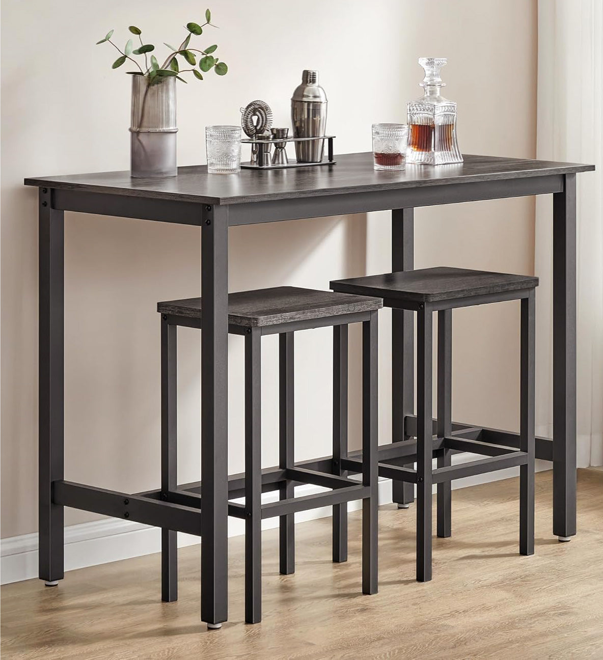 3 Piece Grandeur Premium Rustic Wood & Steel Bar Table and Stools Dinning Set (Driftwood Grey)
