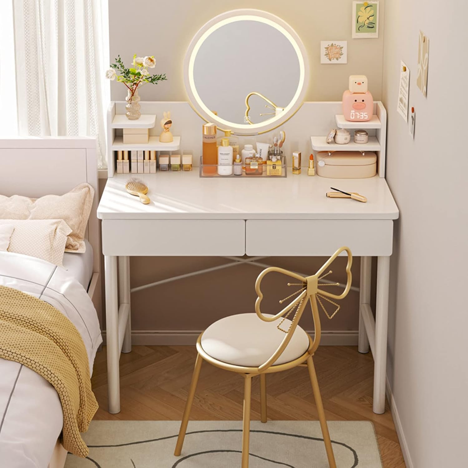 LED Luminous Mirror White Makeup Vanity Dressing Table with Storage Drawers