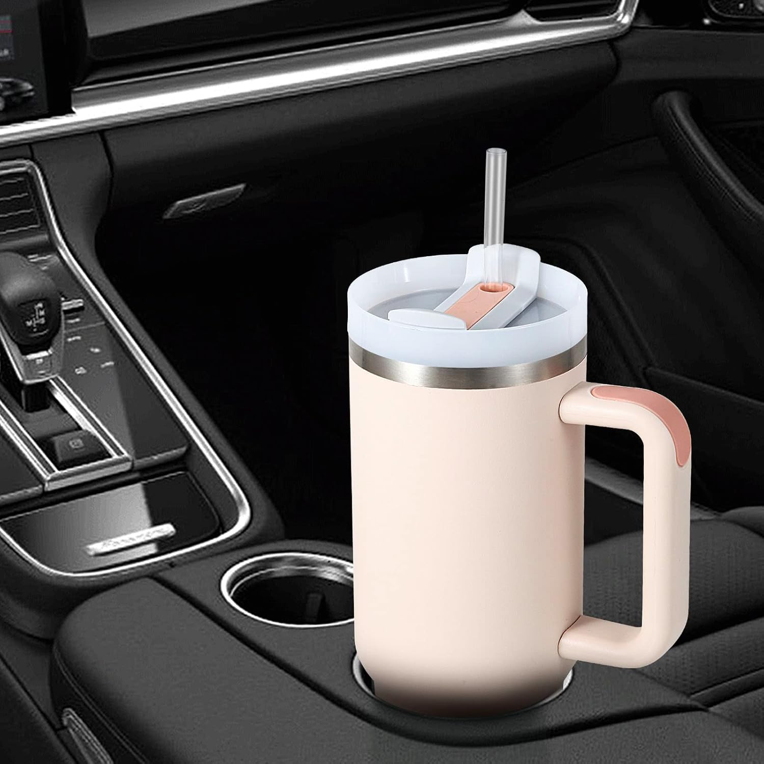 Stainless Steel Insulated Tumbler with Handle Straw Travel Mug (30oz, Rose Quartz)