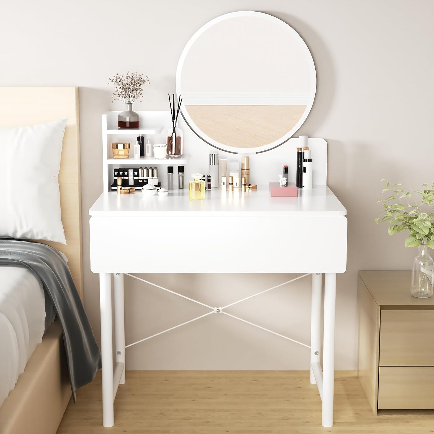 Luxe Dresser Makeup Vanity Dressing Table with Round Mirror Drawer White