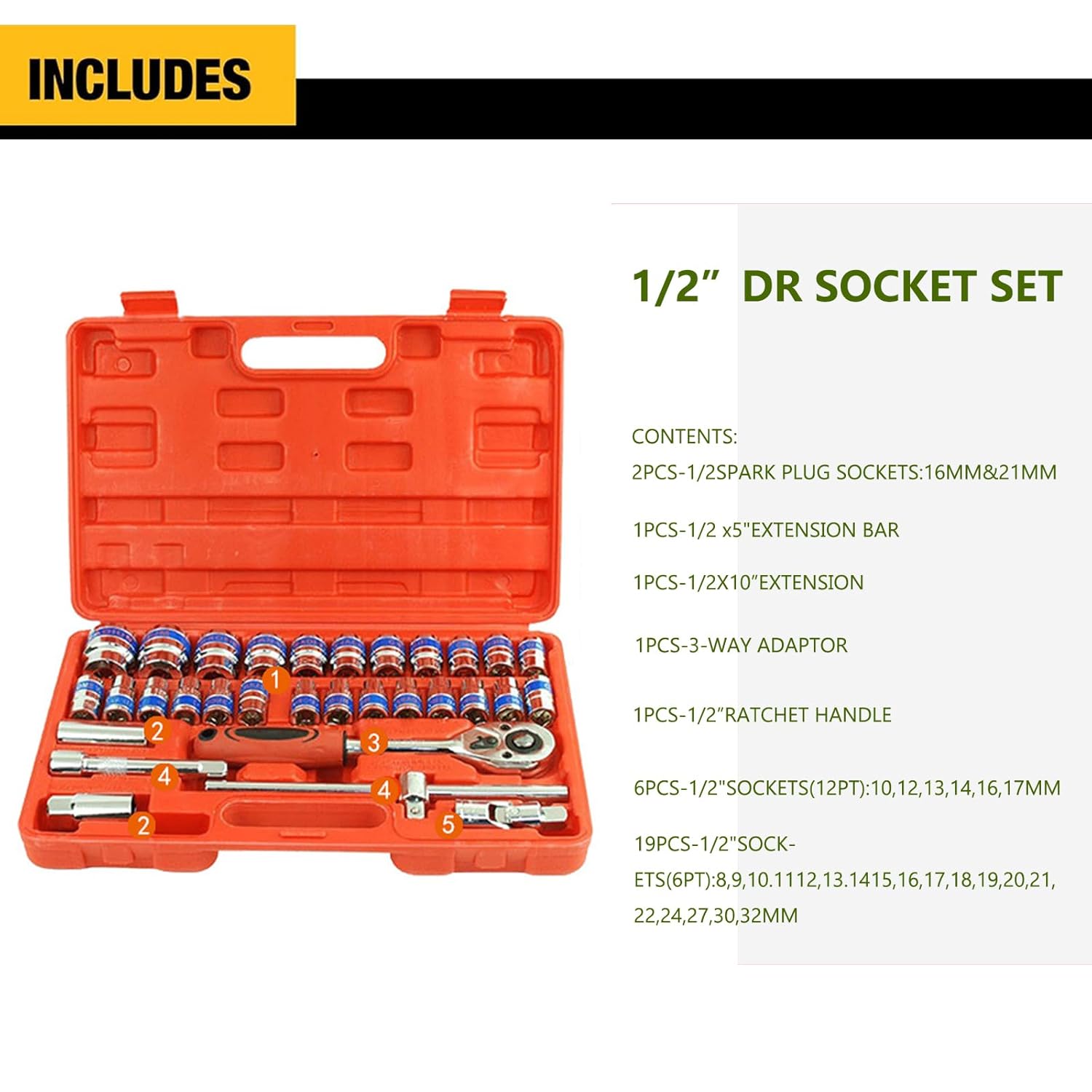 32-Piece 1/2" Drive Ratchet Socket Wrench Mechanics Tool Set