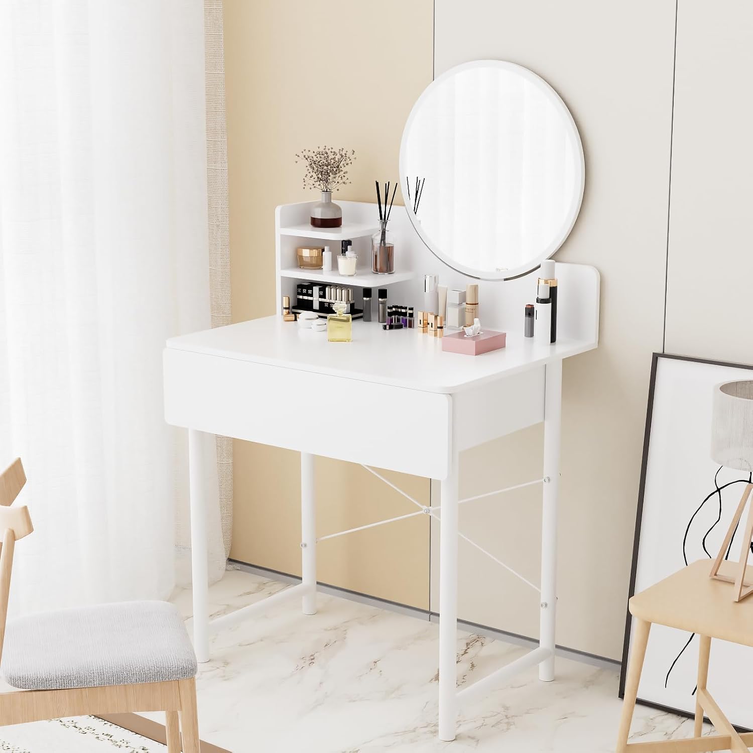 Luxe Dresser Makeup Vanity Dressing Table with Round Mirror Drawer White