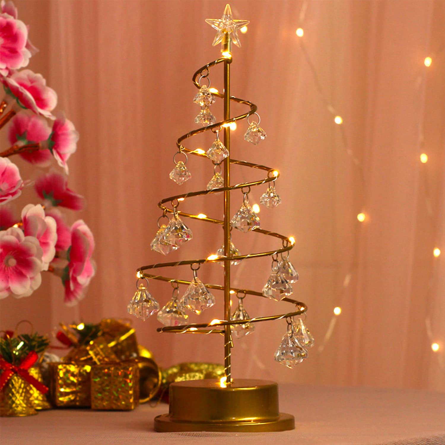 Gold Spiral LED Crystal Christmas Tree Lamp Light