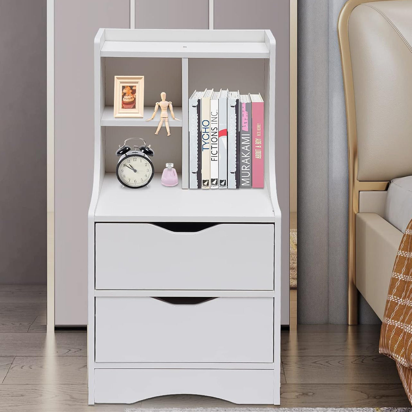 Twilight 2-Drawer Tall Bedside Table with Chest of Drawers and Shelves (White)