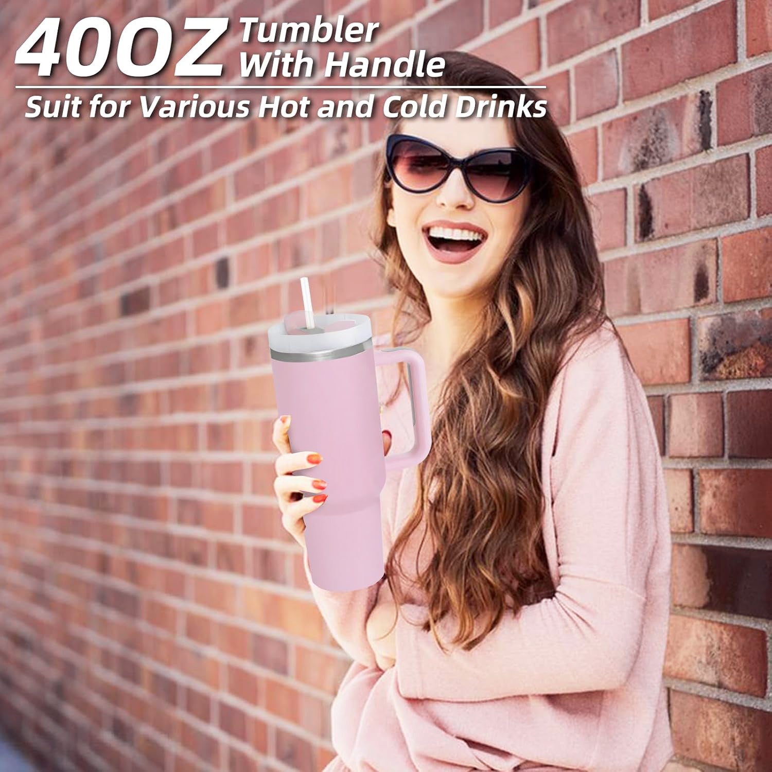 40oz Stainless Steel Insulated Tumbler with Handle Straw Travel Mug (Pink)