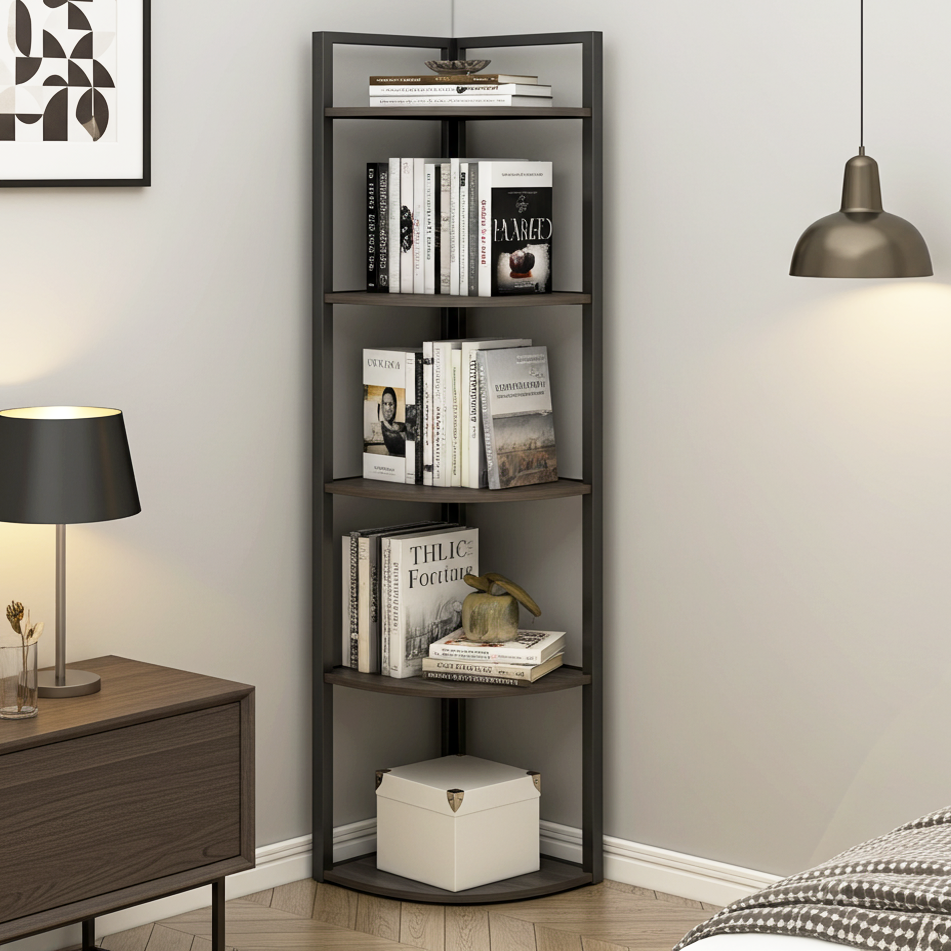 Optima 5 Tier Wood & Steel Corner Shelf Organizer Unit (Driftwood Grey)