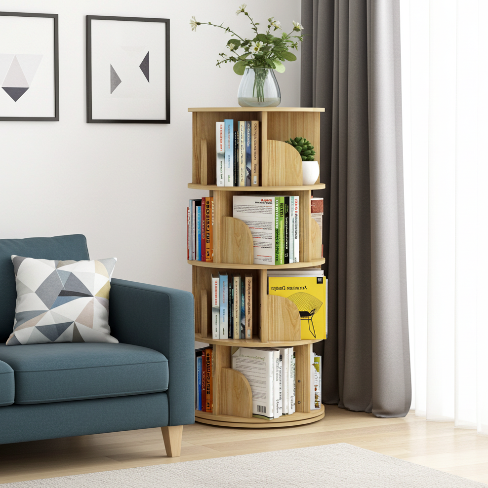 Sanctuary 360-degree Rotating 4 Tier Display Shelf Bookcase Organiser (Oak)