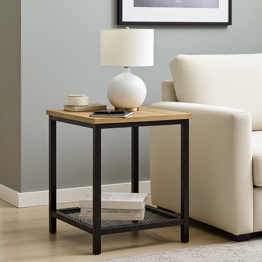 Loft Rustic Oak Industrial Wood & Steel Side Table with Storage Shelf