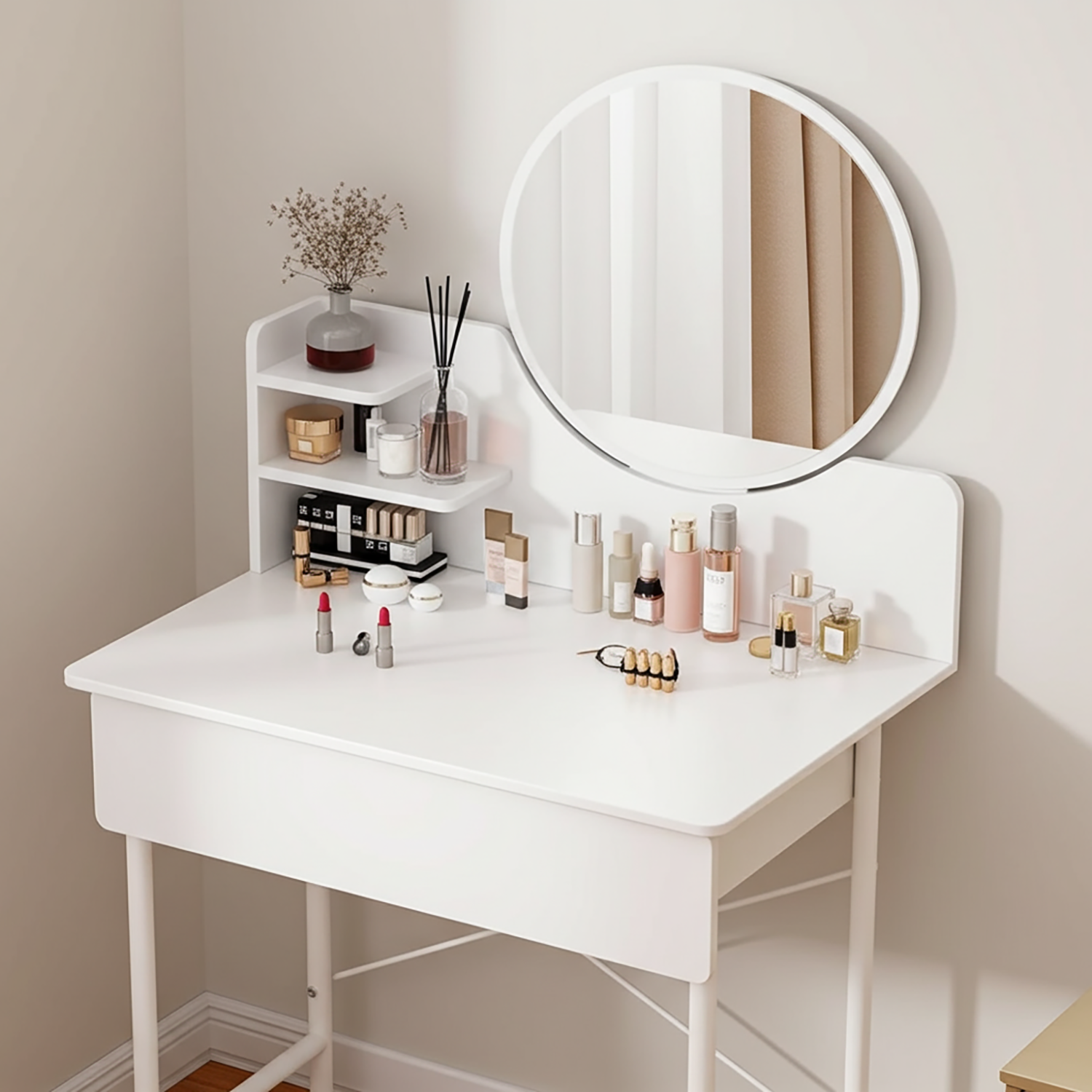 Luxe Dresser Makeup Vanity Dressing Table with Round Mirror Drawer White